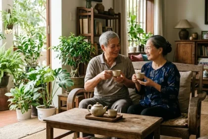 Hình ảnh vợ chồng cao tuổi thưởng trà thư thái trong không gian ấm cúng minh họa cho tử vi tuổi bính thân 1956 năm 2026