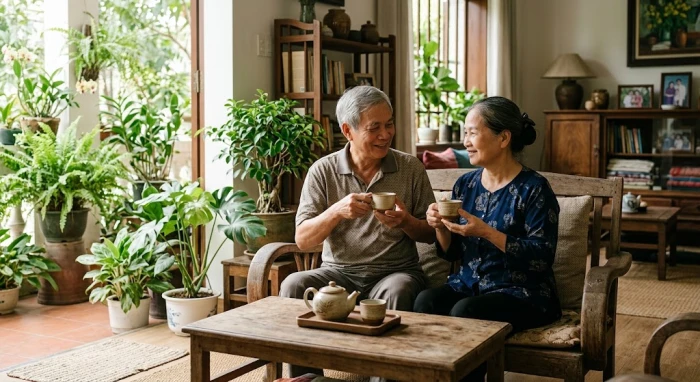 Hình ảnh vợ chồng cao tuổi thưởng trà thư thái trong không gian ấm cúng minh họa cho tử vi tuổi bính thân 1956 năm 2026