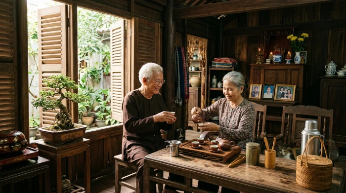 Hình ảnh tượng trưng cho tử vi tuổi bính thân 1956 năm 2027 với cuộc sống gia đạo an yên và ấm cúng lúc xế chiều