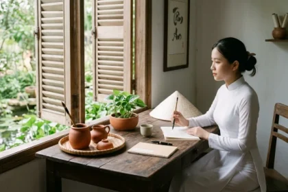Góc học tập phong thủy thanh lịch minh họa cho tử vi tuổi bính tuất 2006 năm 2026 mang đậm bản sắc Việt Nam