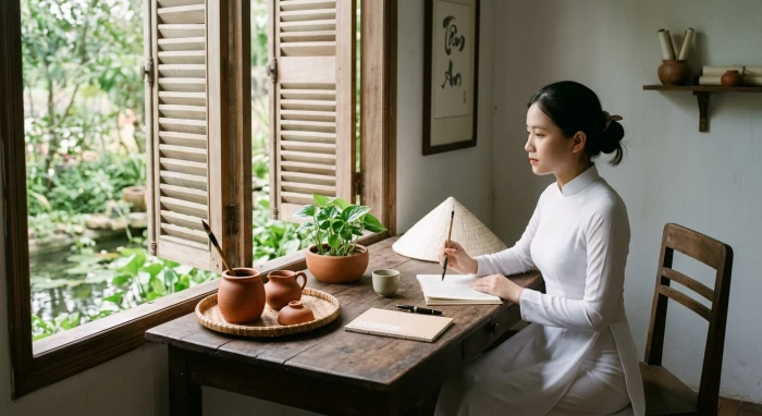 Góc học tập phong thủy thanh lịch minh họa cho tử vi tuổi bính tuất 2006 năm 2026 mang đậm bản sắc Việt Nam