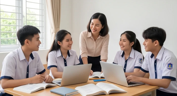 Học sinh tuổi Canh Dần 2010 cùng thầy cô và bạn bè thảo luận bài tập ôn thi trong lớp học khang trang