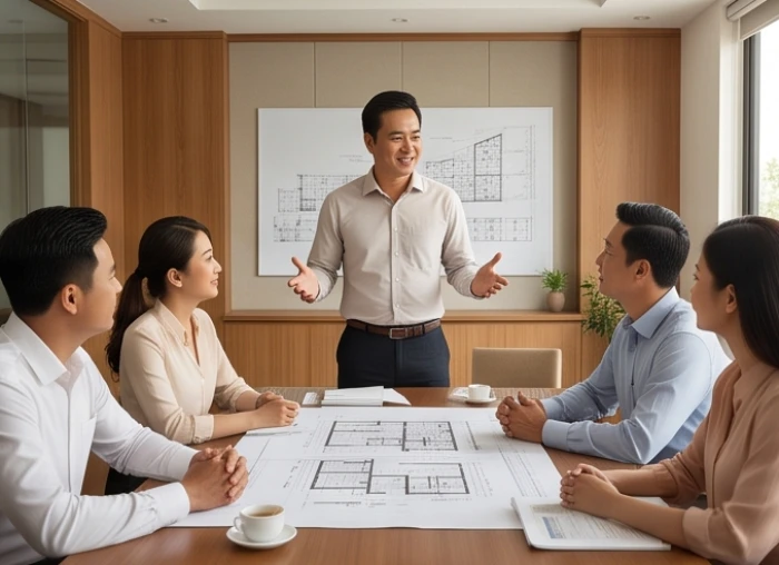Người thanh niên tuổi Canh Ngọ tự tin thuyết trình ý tưởng dự án trong phòng họp hiện đại với đồng nghiệp