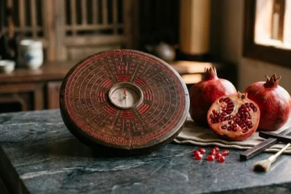 Hình ảnh mang tính biểu tượng về tử vi tuổi canh thân 1980 năm 2027 với la bàn phong thủy và quả lựu đỏ