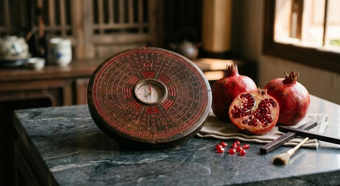 Hình ảnh mang tính biểu tượng về tử vi tuổi canh thân 1980 năm 2027 với la bàn phong thủy và quả lựu đỏ