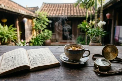 Sách phong thủy và la bàn xem tử vi tuổi canh tý 1960 năm 2027 trên bàn gỗ