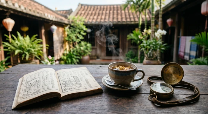 Sách phong thủy và la bàn xem tử vi tuổi canh tý 1960 năm 2027 trên bàn gỗ