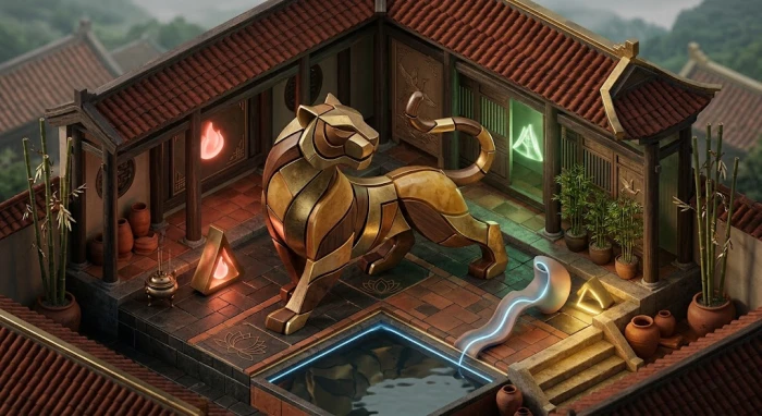 Minh họa trừu tượng mang đậm nét văn hóa Việt Nam về tử vi tuổi dần năm 2027 với biểu tượng ngũ hành tỏa sáng