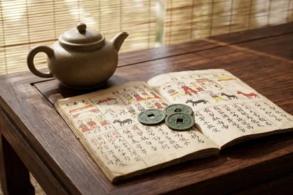 Cuốn sách phong thủy và tử vi tuổi giáp dần 1974 năm 2027 đặt trên bàn trà gỗ kiểu Việt Nam