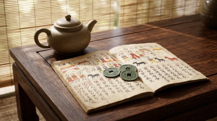Cuốn sách phong thủy và tử vi tuổi giáp dần 1974 năm 2027 đặt trên bàn trà gỗ kiểu Việt Nam