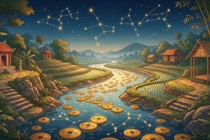 Hình minh họa phong thủy ngũ hành cho tử vi tuổi giáp thân 2004 năm 2027 với dòng suối và tiền xu truyền thống
