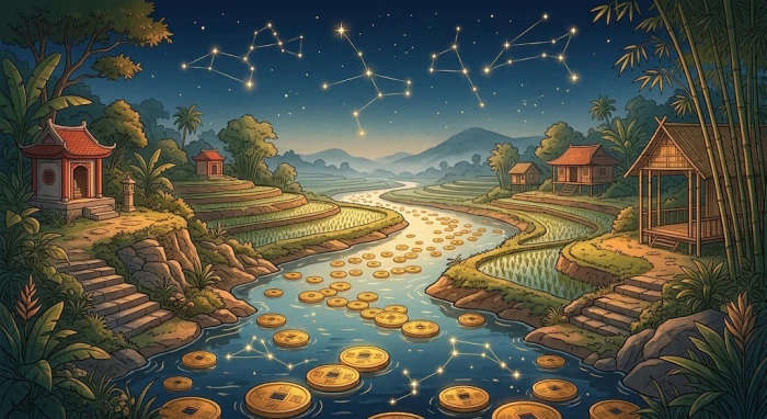 Hình minh họa phong thủy ngũ hành cho tử vi tuổi giáp thân 2004 năm 2027 với dòng suối và tiền xu truyền thống