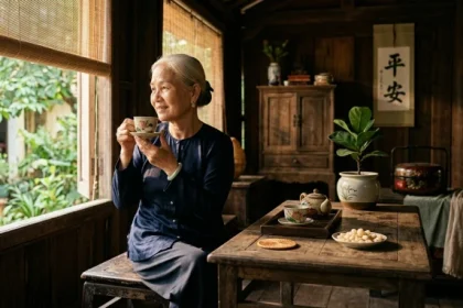 Hình ảnh tĩnh tâm thưởng trà gắn liền với luận giải tử vi tuổi giáp thìn 1964 năm 2026 về sức khỏe và gia đạo