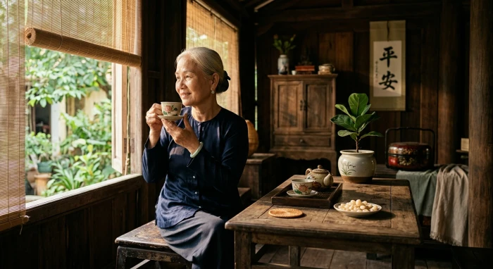 Hình ảnh tĩnh tâm thưởng trà gắn liền với luận giải tử vi tuổi giáp thìn 1964 năm 2026 về sức khỏe và gia đạo