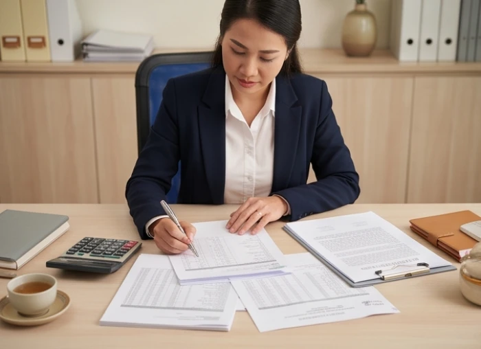 Doanh nhân rà soát sổ sách tài chính và hợp đồng kinh tế trên bàn làm việc theo tử vi tuổi hợi năm 2026