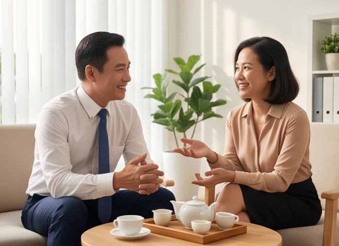 Người đàn ông tuổi Hợi ở giai đoạn trung vận tự tin thảo luận công việc cùng đối tác bên bàn trà sang trọng