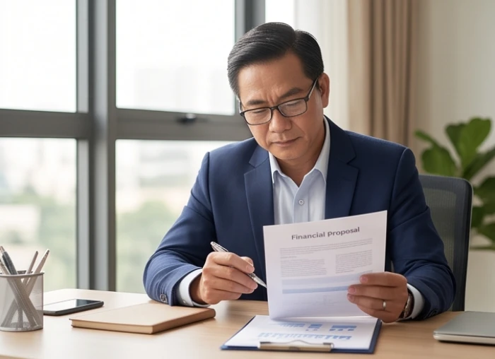 Doanh nhân nam tuổi Hợi đăm chiêu suy nghĩ trước bản hợp đồng kinh doanh trong văn phòng làm việc thanh lịch