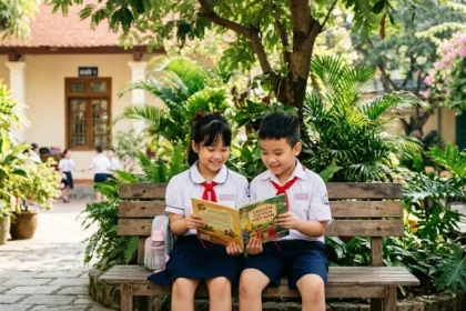 Hai em học sinh tiểu học đang vui vẻ đọc sách dưới sân trường rợp bóng cây minh họa cho tử vi tuổi kỷ hợi 2019 năm 2027