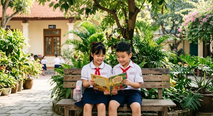 Hai em học sinh tiểu học đang vui vẻ đọc sách dưới sân trường rợp bóng cây minh họa cho tử vi tuổi kỷ hợi 2019 năm 2027