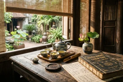 Cuốn cẩm nang tử vi tuổi kỷ sửu 1949 năm 2026 với bình trà sen truyền thống Việt Nam mang lại sự an yên