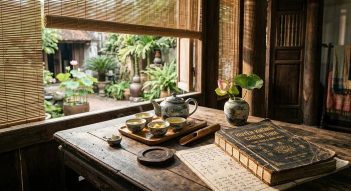 Cuốn cẩm nang tử vi tuổi kỷ sửu 1949 năm 2026 với bình trà sen truyền thống Việt Nam mang lại sự an yên