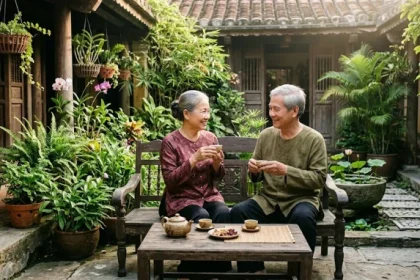 Cụ ông và cụ bà thảnh thơi uống trà trong sân vườn xanh mát minh họa cho tử vi tuổi kỷ sửu 1949 năm 2027