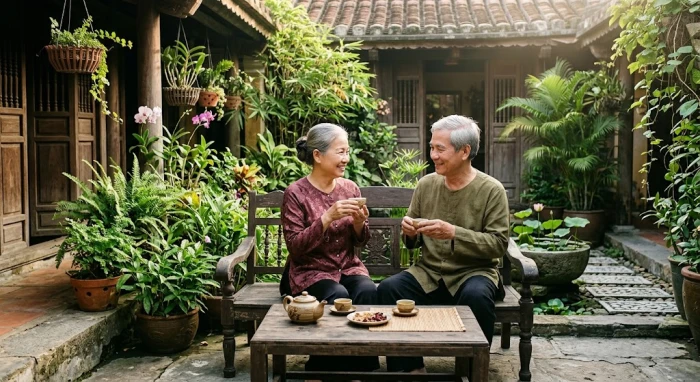 Cụ ông và cụ bà thảnh thơi uống trà trong sân vườn xanh mát minh họa cho tử vi tuổi kỷ sửu 1949 năm 2027