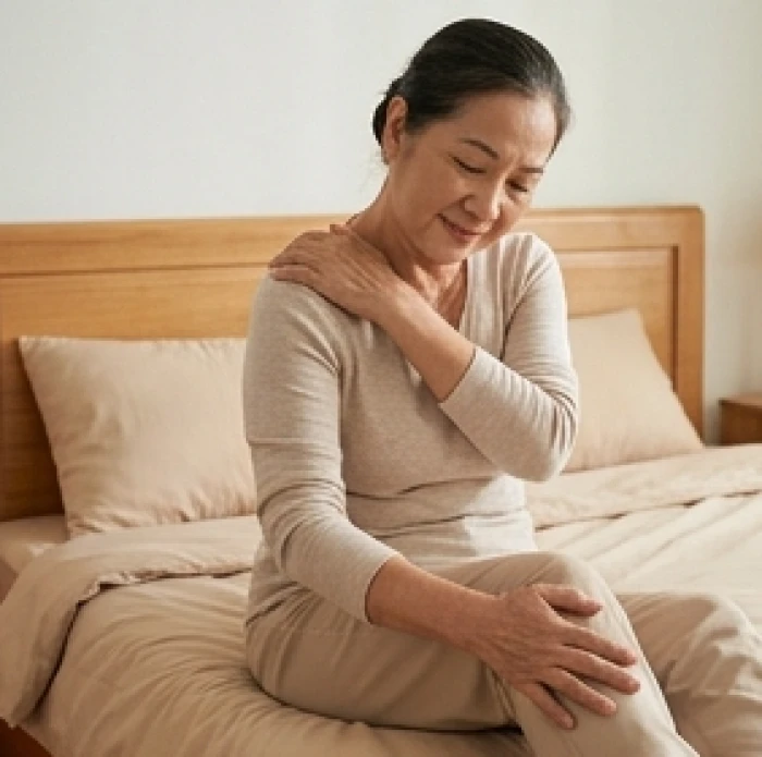 Người nữ tuổi Kỷ Sửu 1949 thư giãn vai gáy và xoa bóp khớp gối trong phòng ngủ yên tĩnh