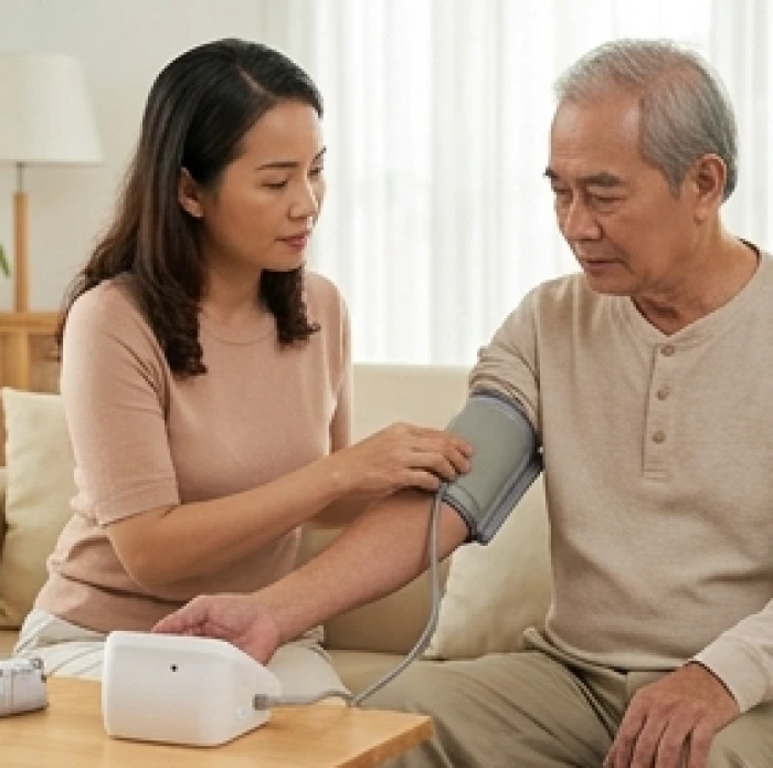 Con cháu hỗ trợ người lớn tuổi Kỷ Sửu 1949 đo chỉ số huyết áp tại nhà một cách chu đáo