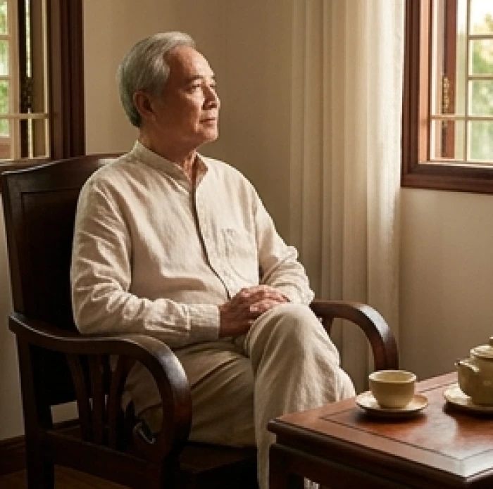 Người nam tuổi Kỷ Sửu 1949 năm 2027 ngồi thưởng trà thư thái trong phòng khách truyền thống