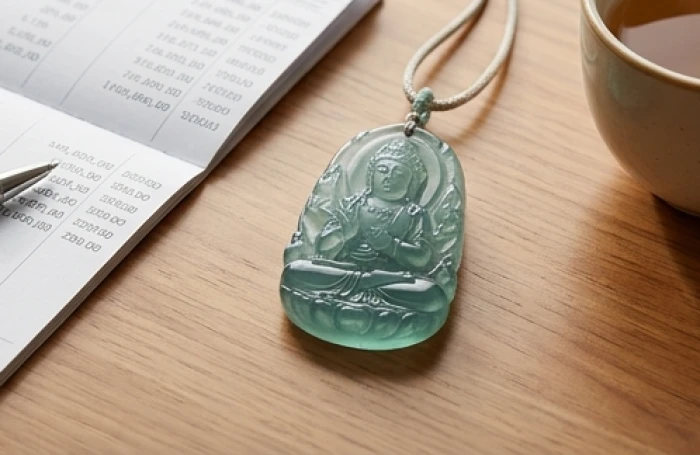 Mặt dây chuyền phật bản mệnh văn thù bồ tát bằng đá quý đặt bên cuốn sổ tay kế hoạch tài chính cho năm bính ngọ 2026