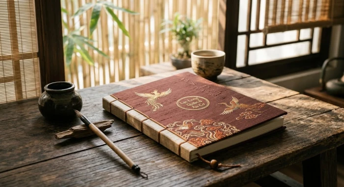 Cuốn sổ tay phong thủy và lá số tử vi tuổi mão năm 2027 đặt trên chiếc bàn gỗ mộc mạc