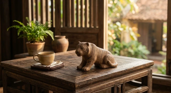 Tượng hổ phong thủy màu nâu đất tĩnh lặng tượng trưng cho tử vi tuổi mậu dần 1998 năm 2027