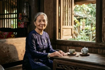 Ông bà lão người Việt tìm hiểu cuốn cẩm nang tử vi tuổi mậu tuất 1958 năm 2027 bên tách trà sen