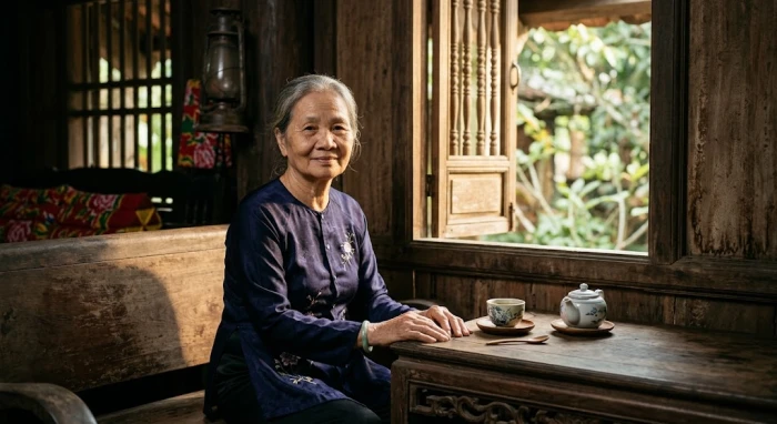 Ông bà lão người Việt tìm hiểu cuốn cẩm nang tử vi tuổi mậu tuất 1958 năm 2027 bên tách trà sen