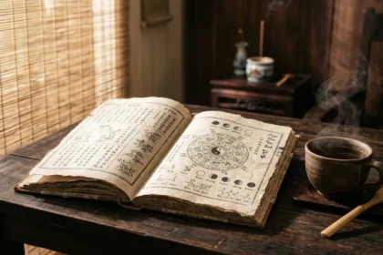 Cuốn sổ tay ghi chép chi tiết tử vi tuổi mậu tý 1948 năm 2027 cùng ly trà ấm trên chiếc bàn gỗ truyền thống