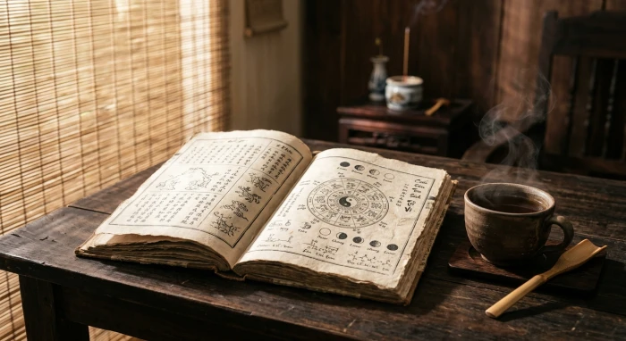 Cuốn sổ tay ghi chép chi tiết tử vi tuổi mậu tý 1948 năm 2027 cùng ly trà ấm trên chiếc bàn gỗ truyền thống