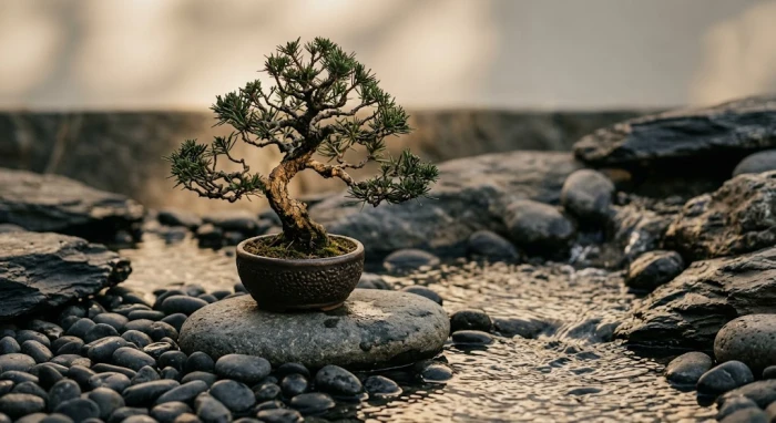 Chậu cây bonsai nghệ thuật trên đá cạn tượng trưng cho sự cân bằng ngũ hành trong tử vi tuổi mùi năm 2026