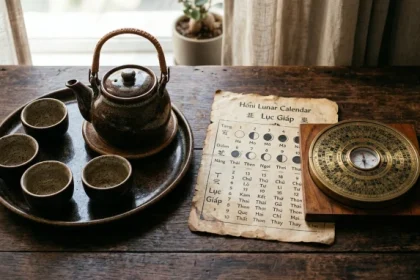 Cuốn lịch cổ và chén trà sen đại diện cho tử vi tuổi nhâm dần 1962 năm 2026 với bình an gia đạo