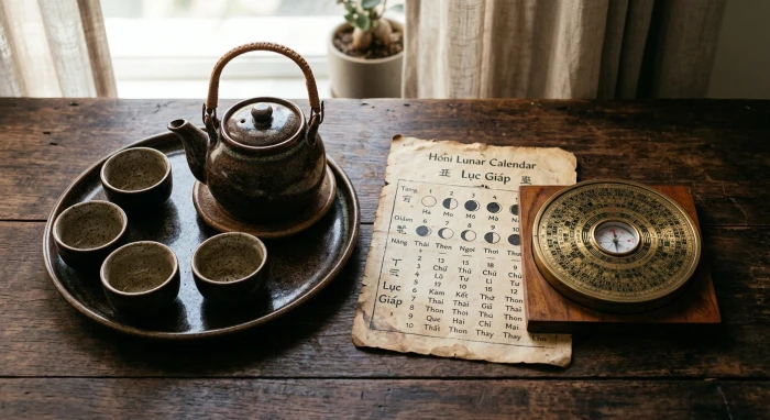 Cuốn lịch cổ và chén trà sen đại diện cho tử vi tuổi nhâm dần 1962 năm 2026 với bình an gia đạo