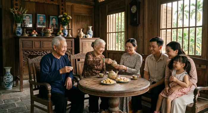 Hình ảnh gia đình sum vầy xem tử vi tuổi Nhâm Ngọ 1942 năm 2026 để chuẩn bị kế hoạch dưỡng già