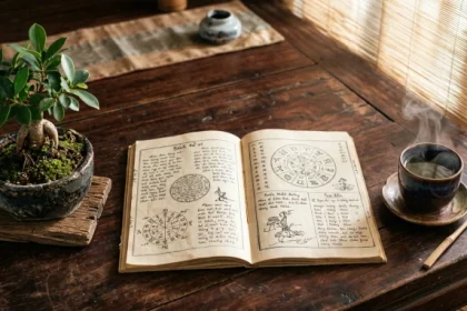 Cuốn sách tử vi tuổi quý sửu 1973 năm 2027 đặt trên bàn gỗ mộc cùng tách trà sen tĩnh lặng