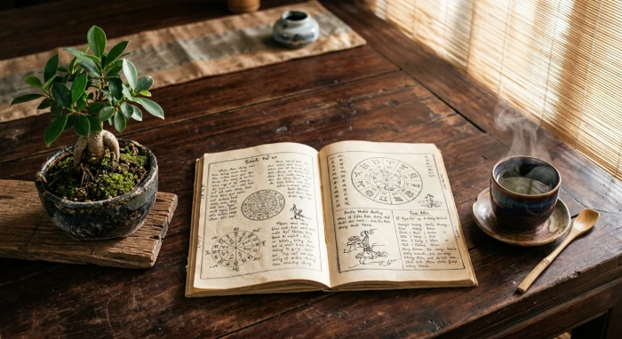 Cuốn sách tử vi tuổi quý sửu 1973 năm 2027 đặt trên bàn gỗ mộc cùng tách trà sen tĩnh lặng