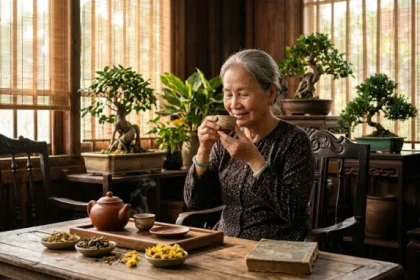 Hình ảnh người cao tuổi Việt Nam thư thái bên tách trà trong không gian phong thủy theo tử vi tuổi tân mão 1951 năm 2027