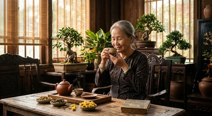 Hình ảnh người cao tuổi Việt Nam thư thái bên tách trà trong không gian phong thủy theo tử vi tuổi tân mão 1951 năm 2027