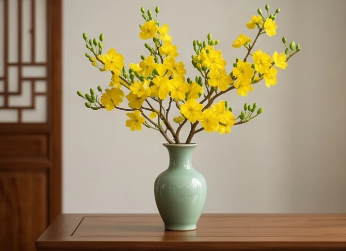 Nhành mai vàng đang nở rộ trong không gian làm việc đại diện cho trường khí của người tuổi Thân sinh vào mùa xuân