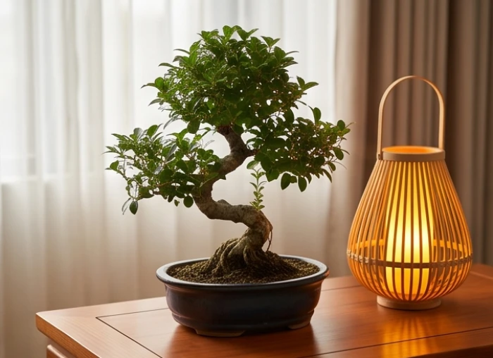 Cây xanh tươi tốt đặt cạnh chiếc đèn lồng ấm áp tượng trưng cho nạp âm Đại Lâm Mộc và Phú Đăng Hỏa của tuổi Thìn
