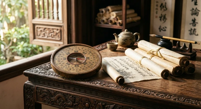 La bàn phong thủy và cuốn sách tử vi tuổi tý trọn đời đặt trên mặt bàn gỗ mộc mạc truyền thống Việt Nam