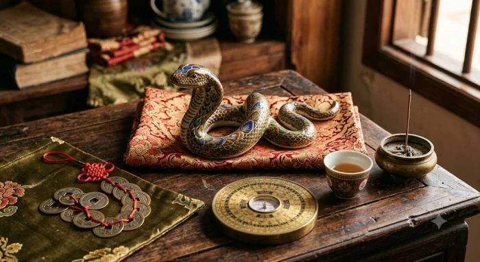 Hình ảnh tượng rắn phong thủy tinh xảo đại diện cho tử vi tuổi tỵ trọn đời với các họa tiết ngũ hành phương đông