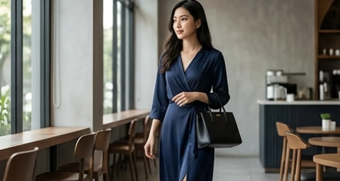Nữ giới Đinh Sửu duyên dáng với trang phục xanh dương sẫm kết hợp túi xách đen cao cấp